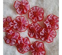 50PCS Organza Ribbon Flowers with Beads 1.18 inch 2-Layer Artificial Silk Flower Handmade Appliques Sewing Wedding Craft Present Wrapping Decoration (Red)