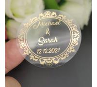 50pcs Personalised Transparent Gold Heart Wedding Stickers Favour/Cake Box/Bag/Seal/Label Sticker 30mm 40cm 50cm (G)