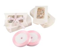 50PCS Pillow Box Gift Box Wedding Favour Candy Boxes, Kraft Paper Mini Favour Boxes with Windows and Ribbon for Party Birthday Decoration,White
