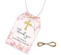 50pcs Pink Baptism Thank You Tags, God Blessed Gift Tag with String for First Communion Party, Gold Glitter Baptism Thank You Paper Tags for Christening/Mi Bautizo Party Favors