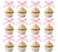 50Pcs Pink Bow Cupcake Toppers Cute Bow Cake Toppers Happy Birthday Ribbon Cupcake Topper Decorations for Coquette Bowknot Cakes Topper Theme Party Bachelorette Bridal Engagement Wedding Baby Shower