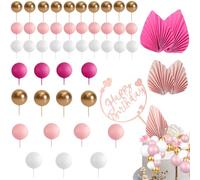 50Pcs Pink Cake Decorations, Gold Palm Leaves Cake Toppers, Mini Pink Cake Balls, DIY Mini Balloon Cake Topper, Cake Topper Balls for Girl Kids Women Birthday Party Baby Shower Wedding Valentines Day