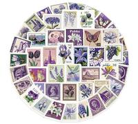 50PCS Purple Vintage Stamp Stickers for Bumper,Helmet,Notebook,Luggage,Laptop,Scrapbook,Water Bottle,Retro Postage Flower Waterproof Vinyl Sticker,Teens Adults Decal,Travel Aesthetic Graffiti Decals