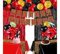 50Pcs Red Cheetah Print Birthday Party Decorations,Black Red Leopard Print Balloons Kits,Cherry Heart Kiss Balloon,Pre-strung Banner,Laser Fringe Curtain Plastic Tablecloth for Girls Party Supplies