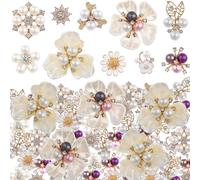 50PCS Rhinestone Buttons Faux Pearl Embellishments Buttons,Flat Back Flower Rhinestone Charms for Jewelry Making DIY Wedding Bouquet, Decor Clothes Bag Shoes Craft Accessory