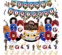 50PCS Rob-lox Birthday Party Decoration Kids Cartoon Birthday Kit with Latex Balloon Banner Cake Topper Swirls Deco, Boys Girls Rob-lox Party Supplies for Theme Decoration