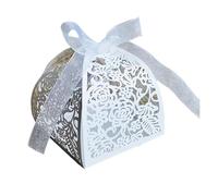 50Pcs Rose Flower Candy Gift Box Sweet Wedding Favor Packaging With Ribbon Baptism Birthday Party Decoration(White)