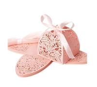 50Pcs Rose Flower Candy Gift Box Sweet Wedding Favor Packaging With Ribbon Baptism Birthday Party Decoration(Pink)