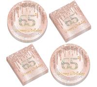 50Pcs Rose Gold 65th Birthday Party Paper Plates and Napkins Women Rose Gold 65 Years Old Table Decorations Happy Sixty-five Years Old Tableware Set Serves 25 Guest Pink 65th Birthday Party Supplies