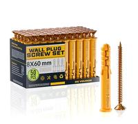 50Pcs Screws and Wall Plugs Set 50 x Masonry Screw, 50 x Expansion Anchor Bolts, M6 M8 Wall Plugs and Screws, 8mm x 60mm Raw Brick Concrete Drywall Self Tapping Screw and Wall Plug