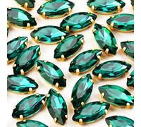 50Pcs Sew on Rhinestones 9x18 mm Flatback Glass Rhinestones Horse Eye Rhinestones with Gold Claw for DIY Crafts Clothes Bag Shoes,Emerald