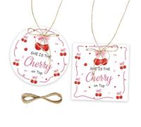 50pcs She's The Cherry On Top Thank You Tags, Sweet Cherry Gift Tag with String for Birthday Party, Cherry Bow Round Thank You Paper Tags for Bridal Shower Party Favors