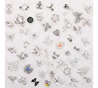 50Pcs Silver Nail Gems 3D Y2K Nail Gems Nail Rhinestones Butterfly Bowknot Flower Pearl Charmst for Nail Ar Design Jewelry Making DIY Craft(Mixed Style)