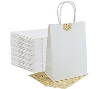 50Pcs Small White Paper Bags With Handles, Paper Gift Bags a5 Size, 120GMS Thicken Paper Party Favor Bags Shopping Bags includes lables for Birthday Party Wedding Shopping Retail