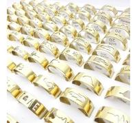 50pcs Stainless Steel Band Rings Mix Laser Cut Patterns Fashion Size 17-21mm-Golden