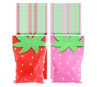 50pcs Strawberry Party Favor Bags, Cute Red Pink Plastic Strawberry Candy Snacks Gift Bags for Berry Goodie Treat Bags Fruit Themed Birthdays Girl Baby Shower Party Supplies