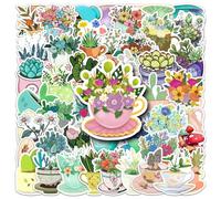 50Pcs Teacup Plant Stickers for Computer,Car,Phone,Scrapbook,Helmet,Water Bottle,Laptop, Luggage,Kawaii Teacup Vinyl Sticker,Adults Girls Children Gift,The Plants in The Cup Aesthetic Graffiti Decals