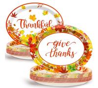 50PCS Thanksgiving Oval Paper Plates Large 11” Disposable Fall Party Autumn Maple Leaf Give Thanks Platters, Gold Foil Fall Design Heavy Duty Dish Tray for Picnic Carnival Dinner Tableware, White