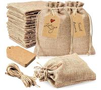 50Pcs Tiny Gift Bags, 3.9x5.5 Inch Flax Small Drawstring Bags with Cards & Strings, Reusable for Wedding, Party, Jewelry, Christmas, Coffee, DIY Craft Small Burlap Gift