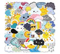 50Pcs Weather Signs Stickers for Kids Teens, Kawaii Sun Rainbow Rain Thunderstorm Tornado Stickers, Vinyl Waterproof Weather Symbols Decals for Water Bottles, Laptops, Journals, Skateboards