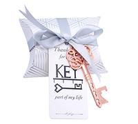 50pcs Wedding Favor Souvenir Gift Set Pillow Candy Box Vintage Skeleton Key Bottle Openers Escort Thank You Tag French Ribbon (Rose Gold)