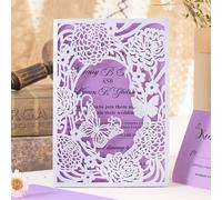 50pcs Wedding Invitations White Laser Cut Invitation Pocket with Blank Purple Invitations Card Rsvp Envelope - Personalized Your Party Invite Printable Cards - Birthday Anniversary QuinceañEra