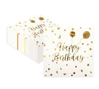 50PCS White and Gold Happy Birthday Napkins,Gold Polka Dot Cocktail Party Napkins Paper Napkin Folding 3 Layers Disposable Tableware Dinnerware for Graduation Anniversary Wedding Bridal Baby Shower