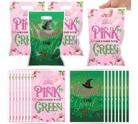 50Pcs Wicked Themed Goodie Gift Bags with Handles Witch Musical Pink Crown Party Favor Supplies Pink and Green Birthday Plastic Decorations for Baby Shower Princess and Witch Theme Birthday