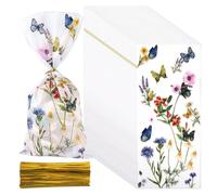 50pcs Wildflower Party Goodie Bags, Clear Floral Butterfly Candy Cellophane Bags Wildflower Party Favor Decorations for Birthday Baby Shower Snack Cookie Gift Packing