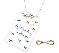 50pcs Will You Be My Something Blue Thank You Tags, Something Blue Gift Tag with String for Bridal Shower, Bow Thank You Paper Tags for Wedding Party Favors