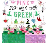 50Pcs Witch Princess Theme Party Decorations Pink and Green Theme Tableware Set Movie Themed Party Decorations Backdrop Tablecloth Banner Cake Topper Hanging Swirl for Kids Baby Shower Supplies