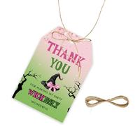 50pcs Witch Thank You Tags, Wicked Gift Tag with String for Halloween Party, Pink and Green Thank You Paper Tags for Magical Witch Party Favors