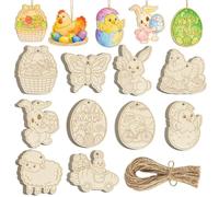 50Pcs Wooden Easter Ornaments 10 Styles DIY Blank Unfinished Wood Cutouts Ornament for Crafts Hanging Decorations Wood Butterfly Bunny Egg Chick Carrot Ornaments for Spring Easter Christmas Tree Home
