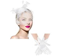 50s Fascinator Hat for Women Funeral Veil Hat Pillbox Cocktail Tea Party Headpiece and Lace Glove (White,Elegant Style), White, M