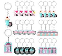 50s Party Decorations 24 Pieces 50s Theme Key Chain Rock and Roll Keychain Colorful Retro Car Vinyl Record Guitar Acrylic Keychain Party Supplies for