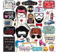 50s Photo Booth Props - 41-pc Photo Booth Kit with 8 x 10-Inch Sign, 60 Adhesive Pads, 45 Sticks - Sock Hop Party Decorations - Fifties Theme Photo Booth Props
