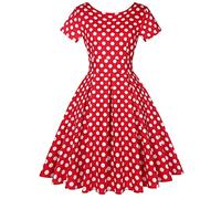 50s Retro Crew Neck Rockabilly Floral Short Sleeve Audrey Dress Cocktail Dress,Polka Dots_Red White,Medium