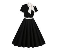 50s Style Dresses for Women Vintage Short Sleeve Tie Neck Swing Dress Midi Prom Dress with Belt, Black Creamy White, XL