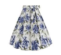 50s Style Skirts for Women Vintage High Waist Floral Print Belted Midi Swing Skirt, Navy Blue, XXL