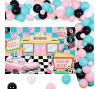 50s Theme Birthday Party Decorations - Sock Hop Diner Backdrop Banner,Teal Pink Balloons Arch Rock and Roll Background Photo Booth Props for 1950s Music Dance Retro Party Event Supplies
