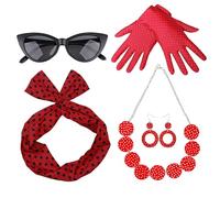 50s Women Costume Accessories - Polka Dots Gloves Necklace Headband Decor, Disco Outfit Fancy Dress Party Outfits for Girls