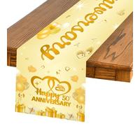 50th Anniversary Wedding Table Runner, Golden Happy 50th Anniversary Linen Fabric Table Runner 72 X 13 Inches Washable Table Cover for 50th Golden Wedding Anniversary Kitchen Dining Table Decor