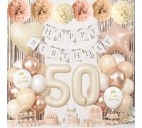 50th Beige Birthday Decorations for Women, Cream Foil Number 50 Neutral Heart Tan Star Balloons Boho White Gold Nude Balloons with Boho Happy Birthday Banner Fringe Curtain Paper Pom Poms Party Decor