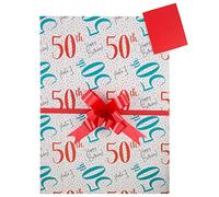 50th Birthday 50 Fifty Gift Wrap Pack, 2 Wrapping Paper Sheets, 2 Red Tags and 2 Red Pull Bows, Arrives in an A4 boarded envelope for protection, Male Female Fiftieth Birthday Gift Present