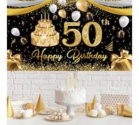 50th Birthday Backdrop Banner and Photo Background - Black Gold Fabric Sign Poster 70.8 x 43.3inch for Anniversary Wedding Party Decor