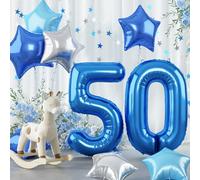 50th Birthday Balloon for Men, 40 Inch Royal Dark Navy Blue Number 50 Foil Mylar Balloon, Silver Sky Light Blue Self Inflating Star Balloon 50 for Women Birthday Graduation Party Decoration Supplies