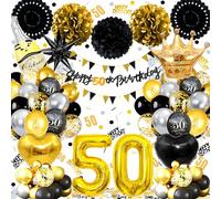 50th Birthday Balloons Black Gold, Banner, Triangle Flag, 50th Birthday Decorations, Black Gold Party Decorations Set, Latex, Heart, Crown And Numbers Balloons, Confetti, Paper Pom Poms, Ribbon