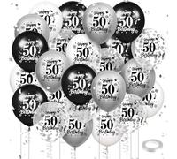 50th Birthday Balloons - Black, White, Silver 24pcs - Happy Birthday Party Confetti Balloons - Latex - Men, Women - Anniversary Party Supplies - Decor - 12 inches - Outdoor