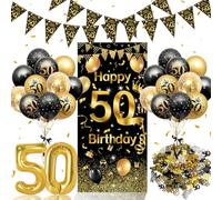 50th birthday balloons Decorations For women men Black And Gold Balloons Party Decorations 50th Birthday Banner Triangle Flag Banner With Confetti Party Anniversary Decorations.