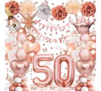 50th Birthday Balloons Rose Gold, Banner, Triangle Flag, 50th Birthday Decorations, Rose Gold Party Decorations Set, Latex, Heart, Crown And Numbers Balloons, Confetti, Paper Pom Poms